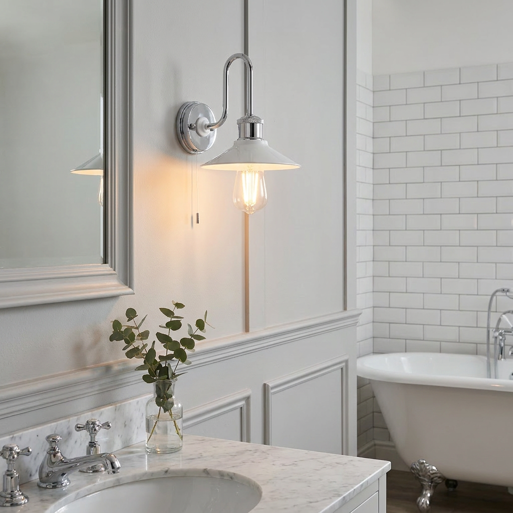 Chrome fisherman-style wall light with a white shade and pull cord, mounted on a grey paneled bathroom wall.
