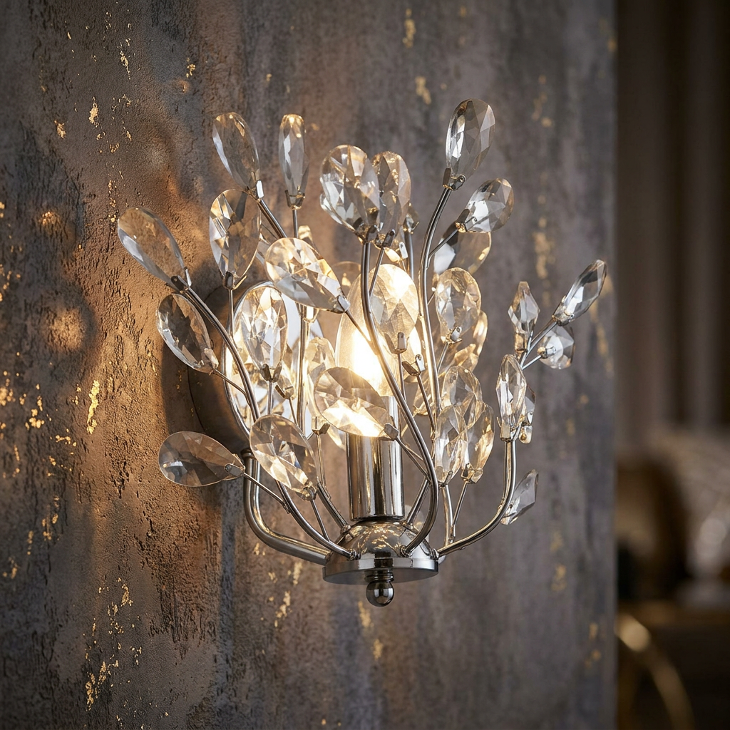 Bouquet 1 Light Chrome Wall Sconce with crystal glass droplets on a textured wall.
