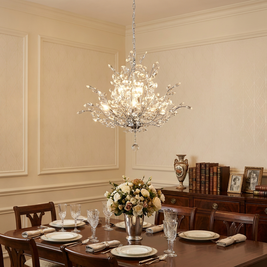 Elegant Bouquet 7 light chrome crystal pendant chandelier hanging above a formal dining table with floral centerpiece.