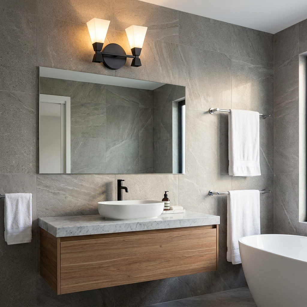 Bowtie 2 Light Black Modern Bathroom Wall Light with white shades mounted above a mirror in a grey tiled bathroom.