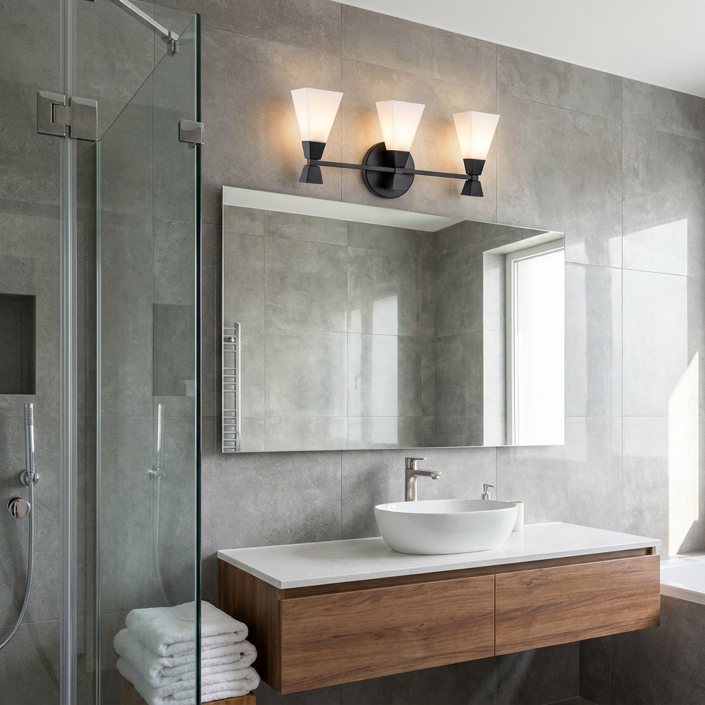 Three-light black wall fixture with frosted bowtie shades mounted above a mirror in a modern grey tiled bathroom.