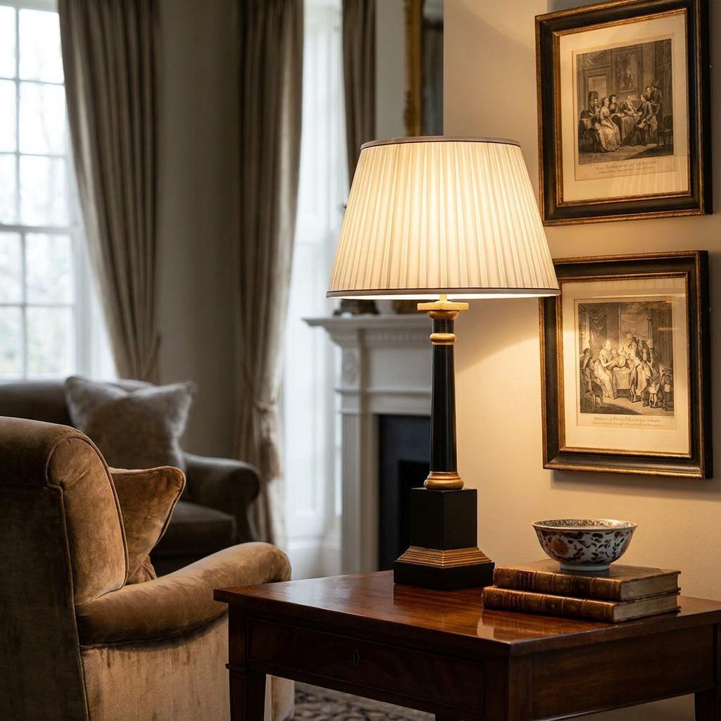 Box Peronne table lamp with a pleated off-white empire shade on a wooden side table in an elegant living room.