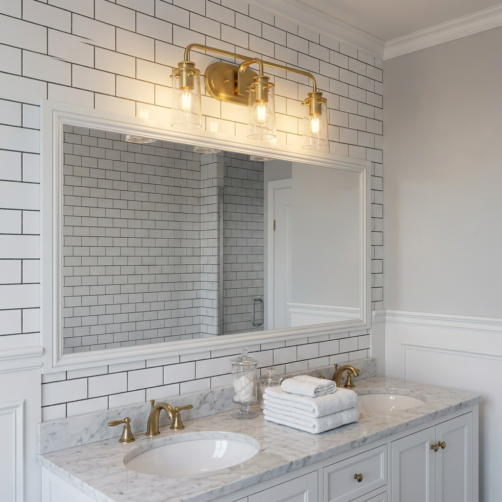 Braelyn 3-light brushed brass vanity light with clear seeded glass shades over a mirror and white marble vanity.
