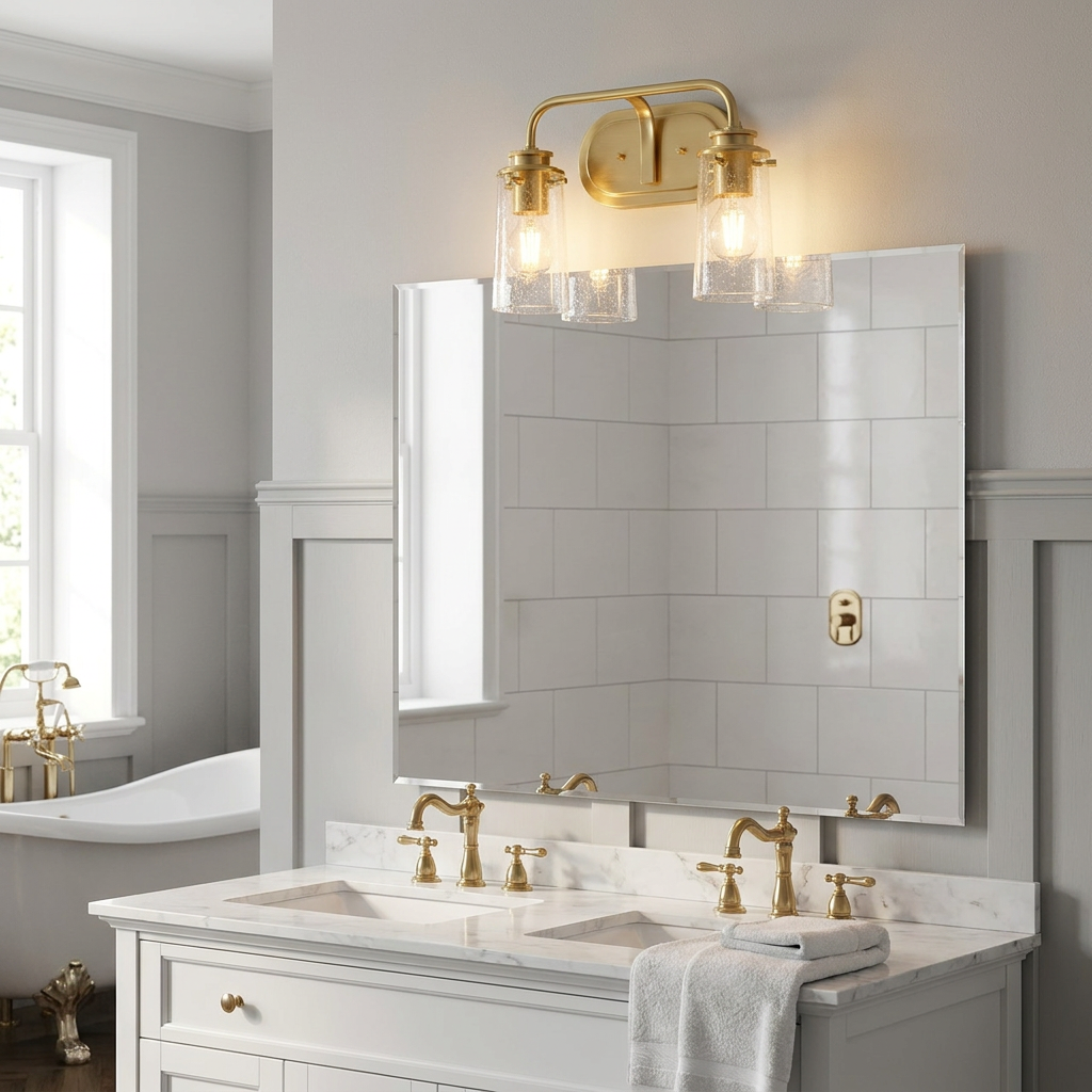 Braelyn Brass Double Bathroom Wall Light with seeded glass shades mounted above a vanity mirror.