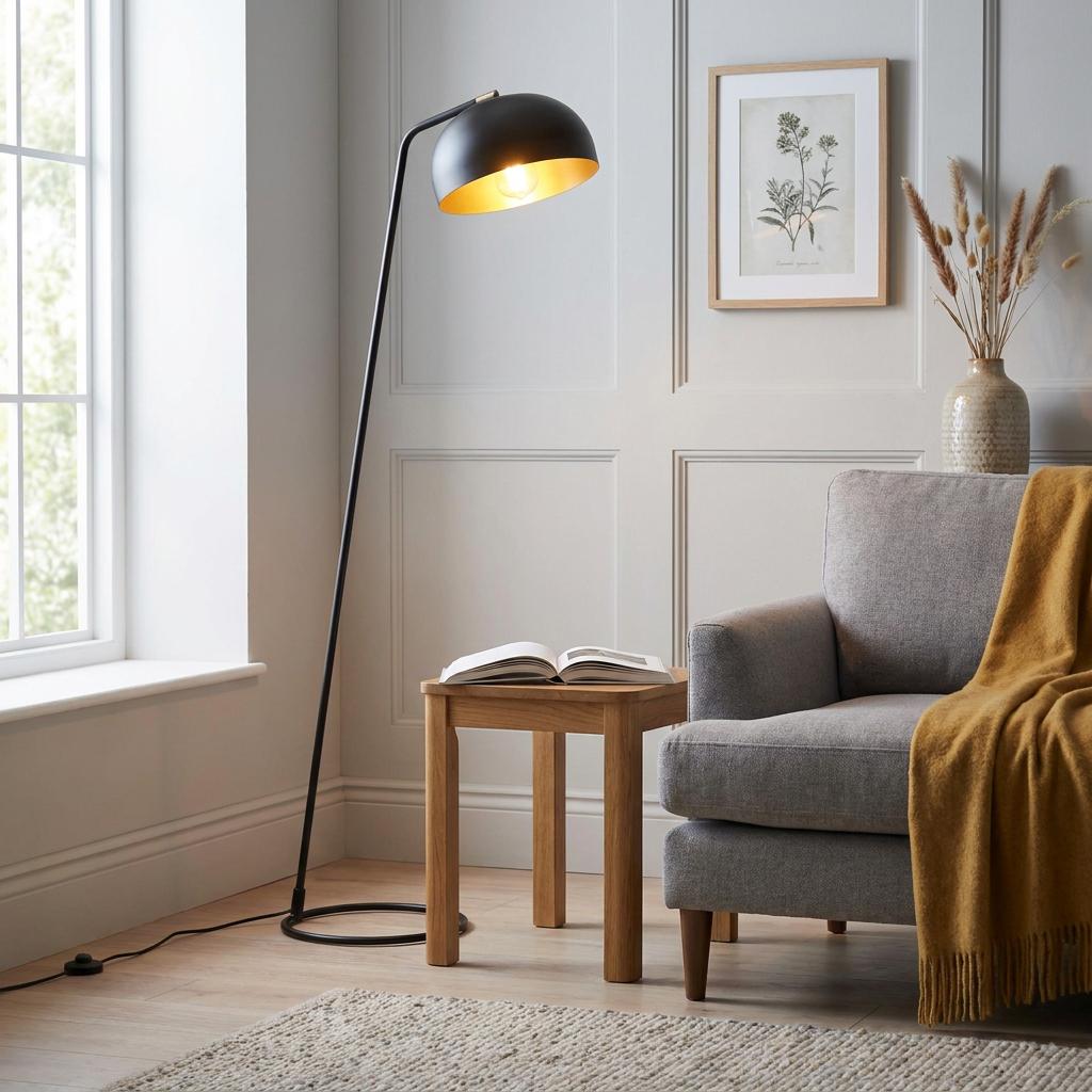 Black industrial floor lamp with a gold-lined dome shade in a neutral living room next to a grey armchair.