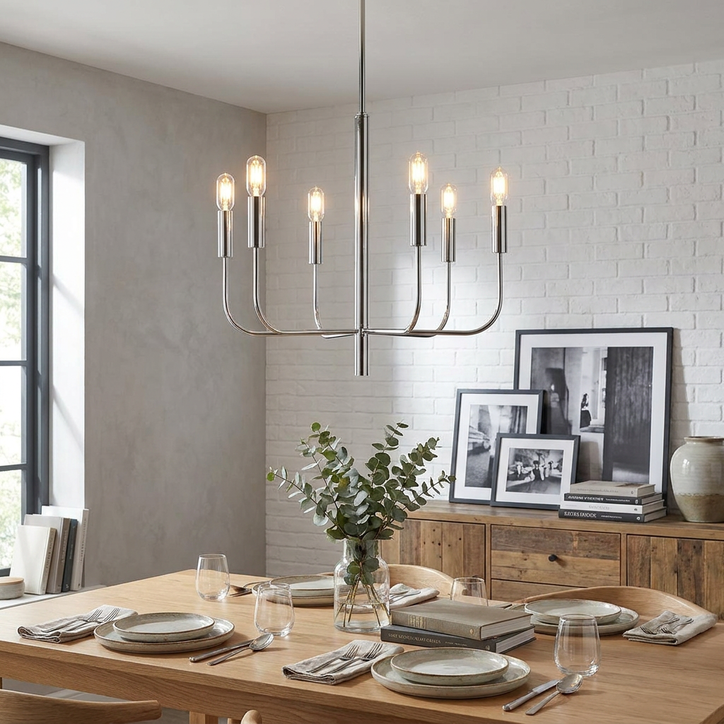 Polished nickel six-light chandelier with elegant U-shaped arms hanging above a set wooden dining table.