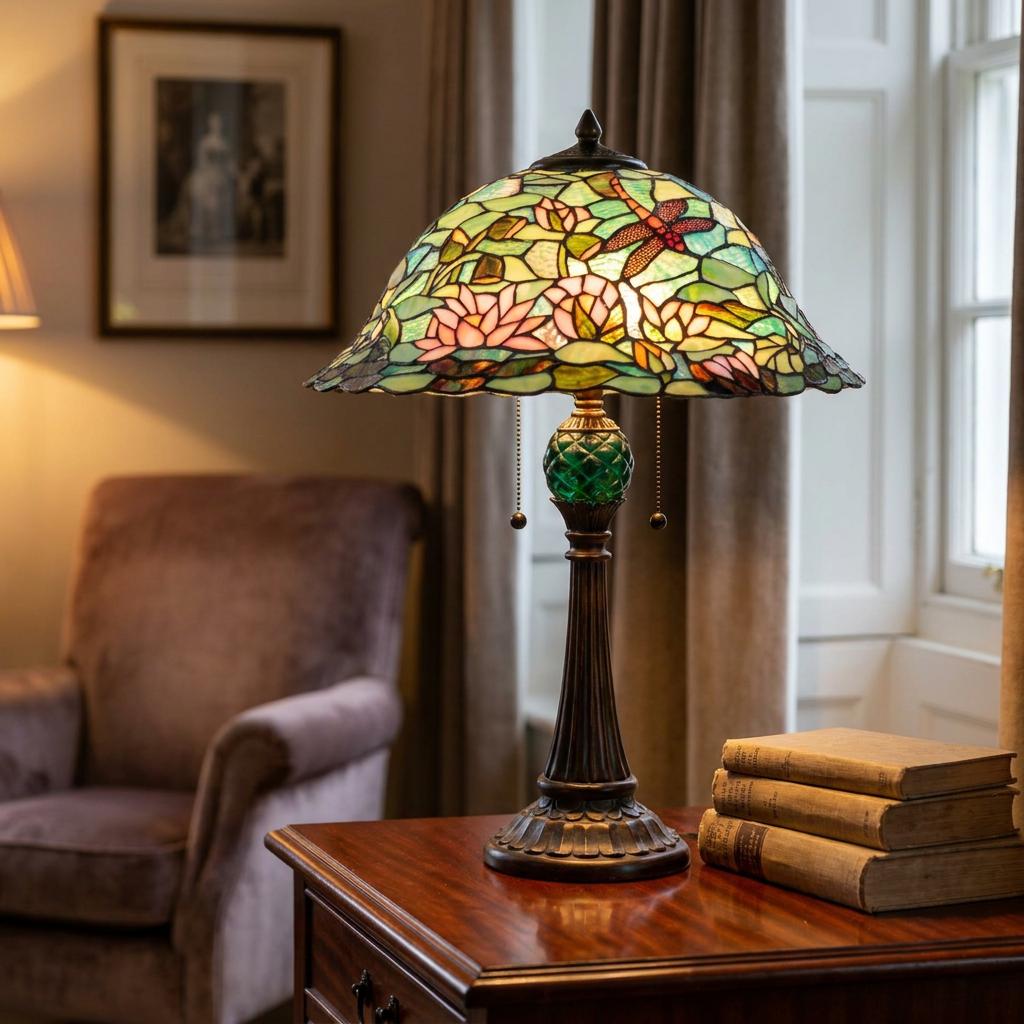 Elegant Tiffany table lamp with a dragonfly and floral stained glass shade on a wooden table next to books.