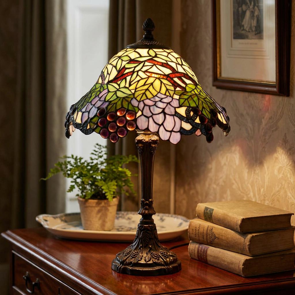 Tiffany table lamp with grape-patterned stained glass shade glowing on a wooden sideboard next to vintage books.