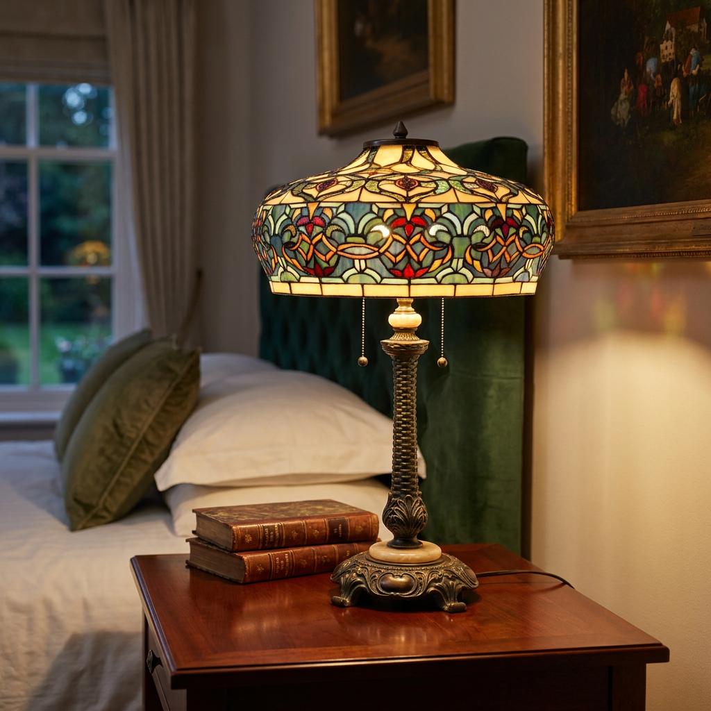 Brixham Tiffany table lamp with an intricate stained glass shade on a wooden bedside table in a cozy bedroom.