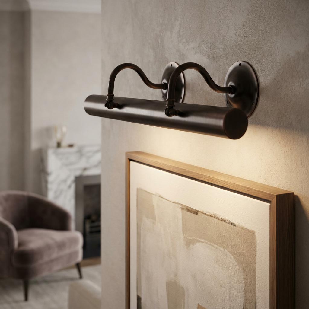 Bromley bronze picture light mounted on a neutral wall illuminating a framed abstract painting.