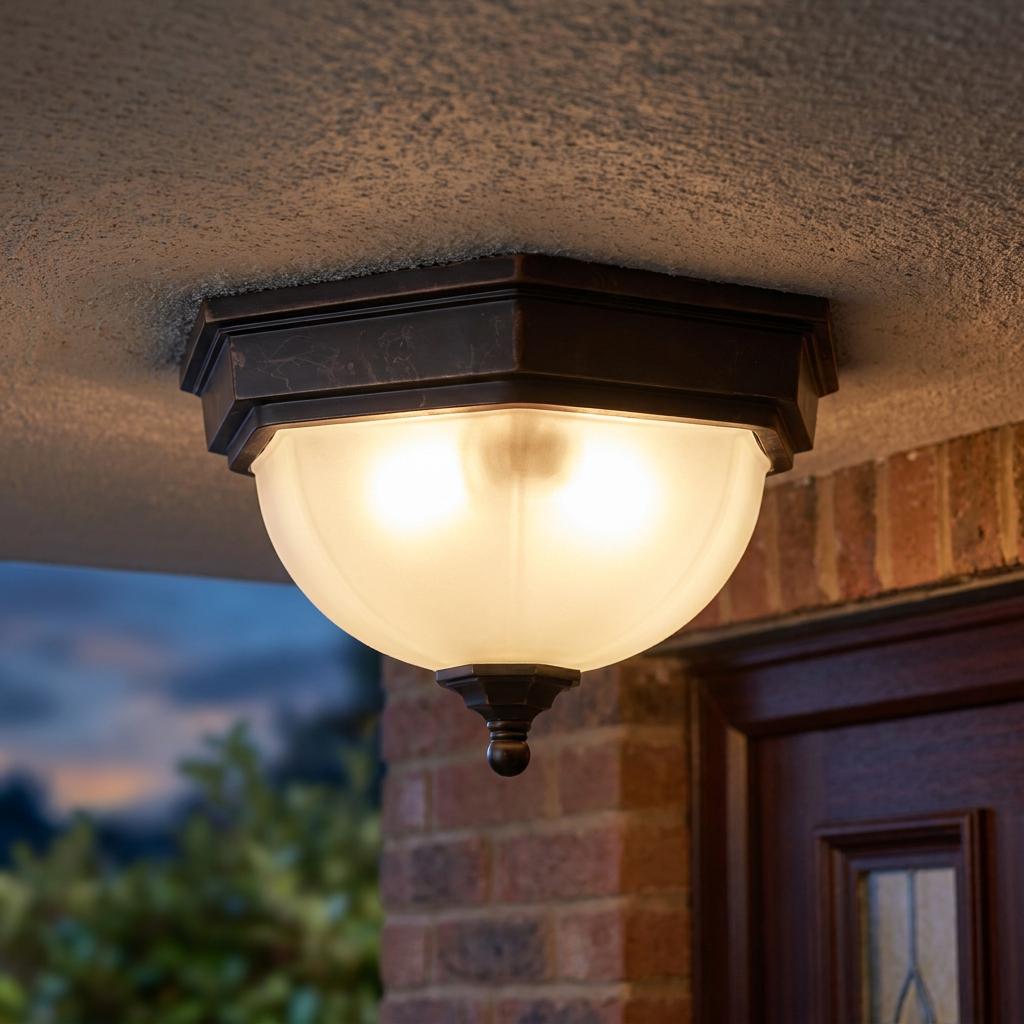 Bronze octagonal flush-mount outdoor ceiling light with frosted glass shade on a porch at dusk.