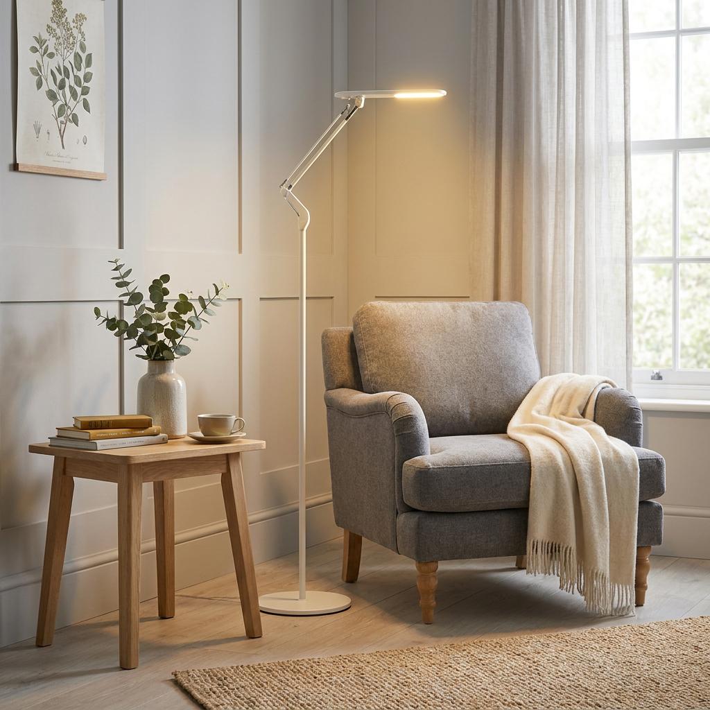 A white modern LED floor lamp illuminates a grey armchair in a cosy living room setting.