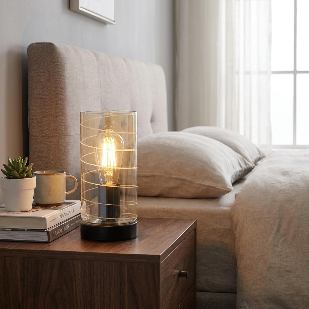 Broughton amber glass table lamp with a swirl design glows warmly on a wooden bedside table in a cozy bedroom.