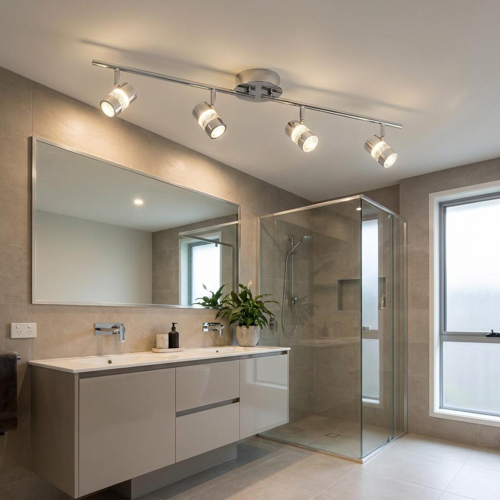 A Bubbles LED 4 light chrome adjustable spotlight bar illuminating a modern bathroom vanity and glass shower.