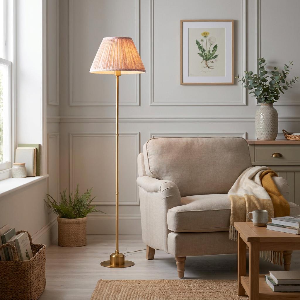 Brass floor lamp with a peachy keen pleated shade standing beside a cream armchair in a traditional living room.