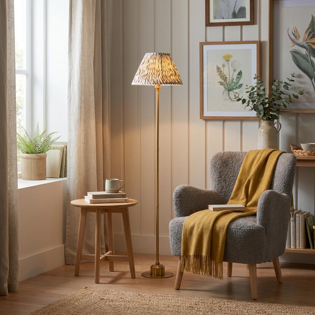 Brass floor lamp with a rippled grey shade stands next to a grey armchair with a yellow throw in a cozy reading nook.
