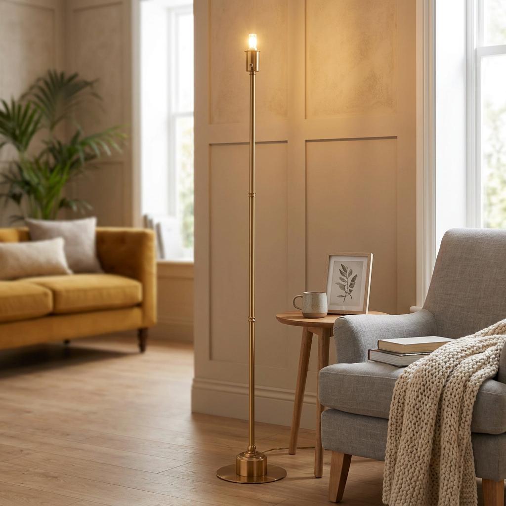 Slim brass floor lamp base with a glowing bulb, positioned next to a grey armchair in a warm living room.