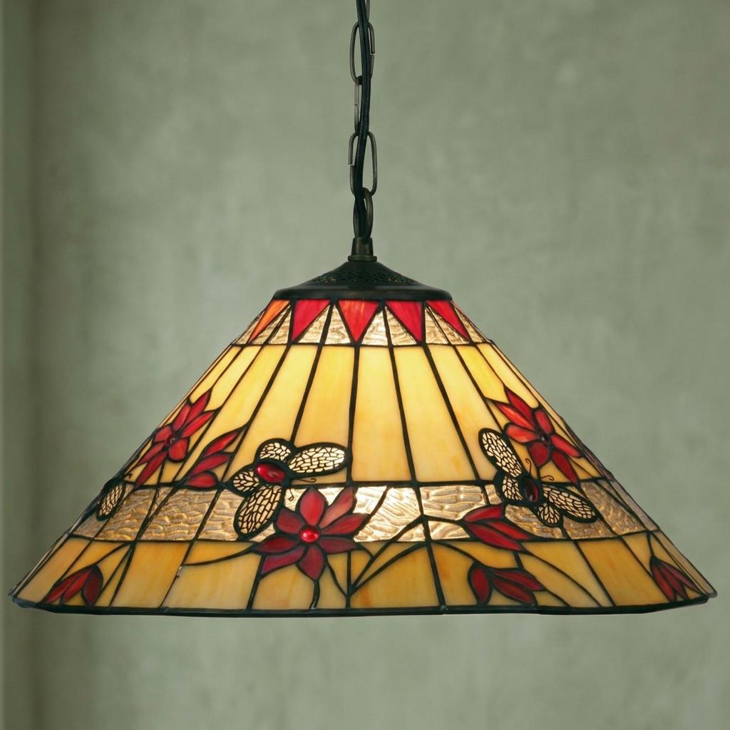 Tiffany-style pendant light with a stained glass shade featuring red flowers and butterflies on a cream background.