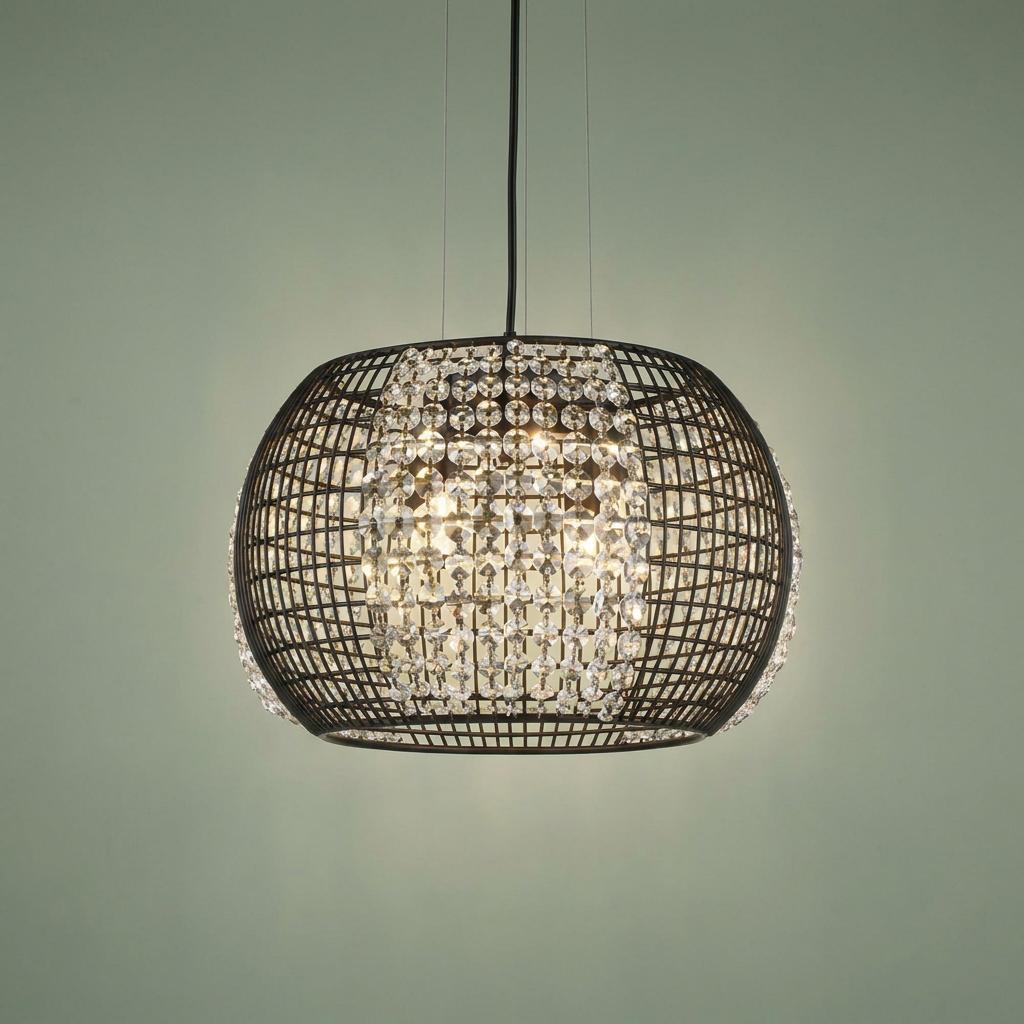 Black wire cage drum pendant light with crystal glass panels and internal bulbs glowing against a light background.