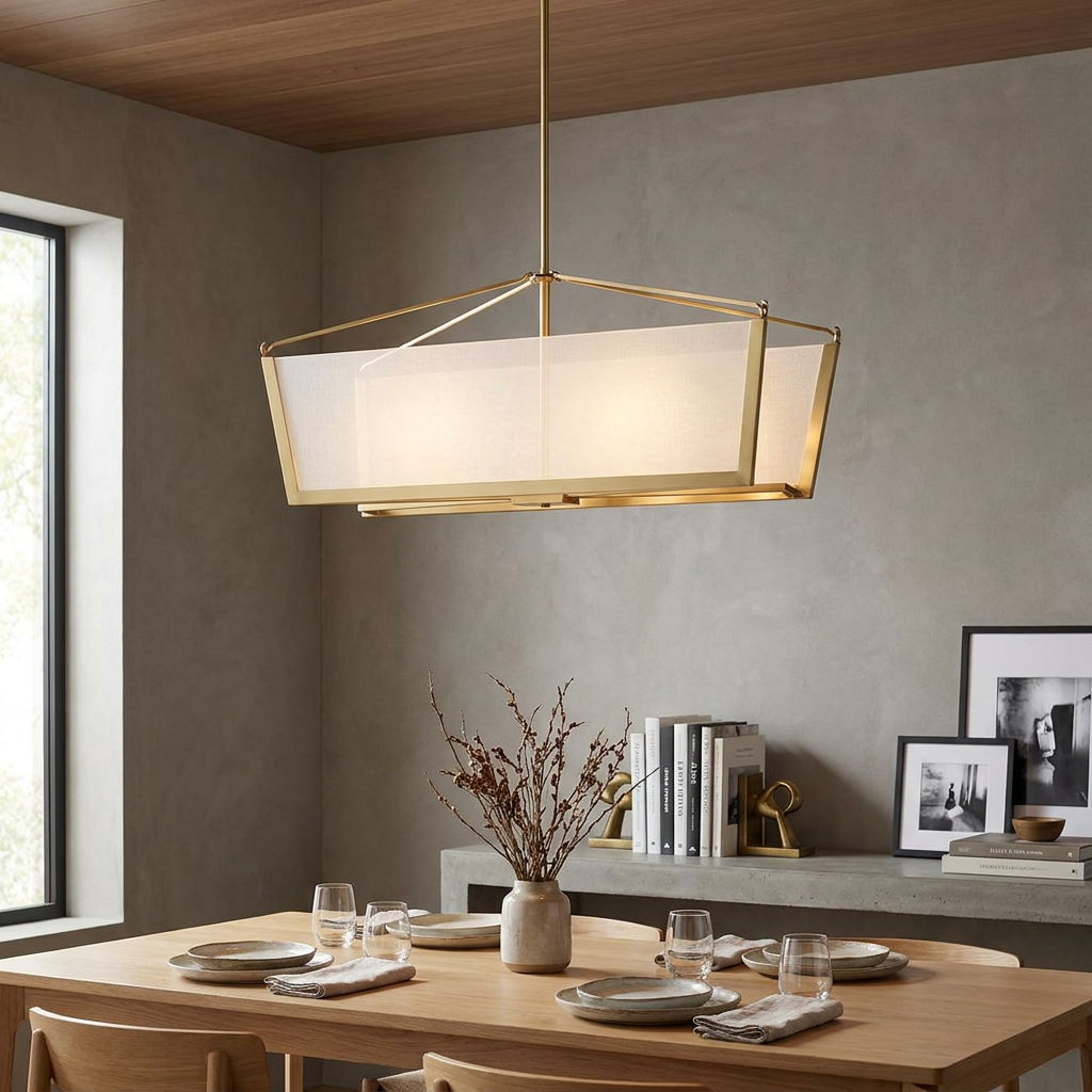 Gold-framed rectangular pendant light with white fabric shade hanging above a minimalist wooden dining table.
