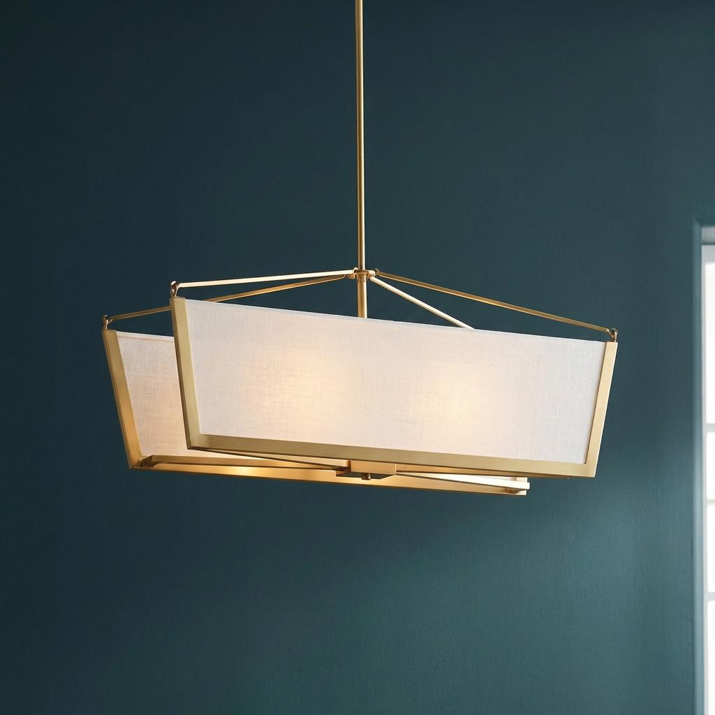 Gold-framed pendant lamp with white linen panels glowing against a dark teal wall.