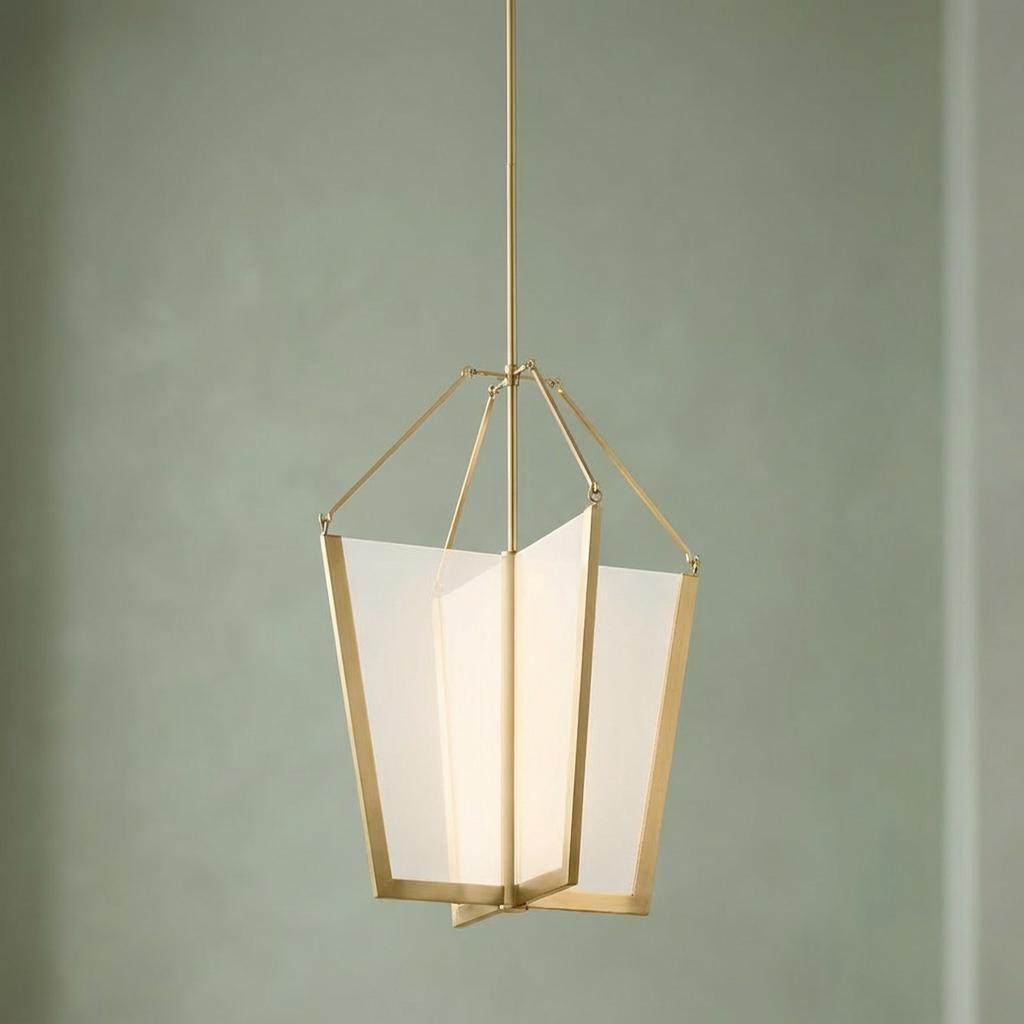 Modern brass foyer pendant with four frosted glass panels arranged in a geometric cross shape.