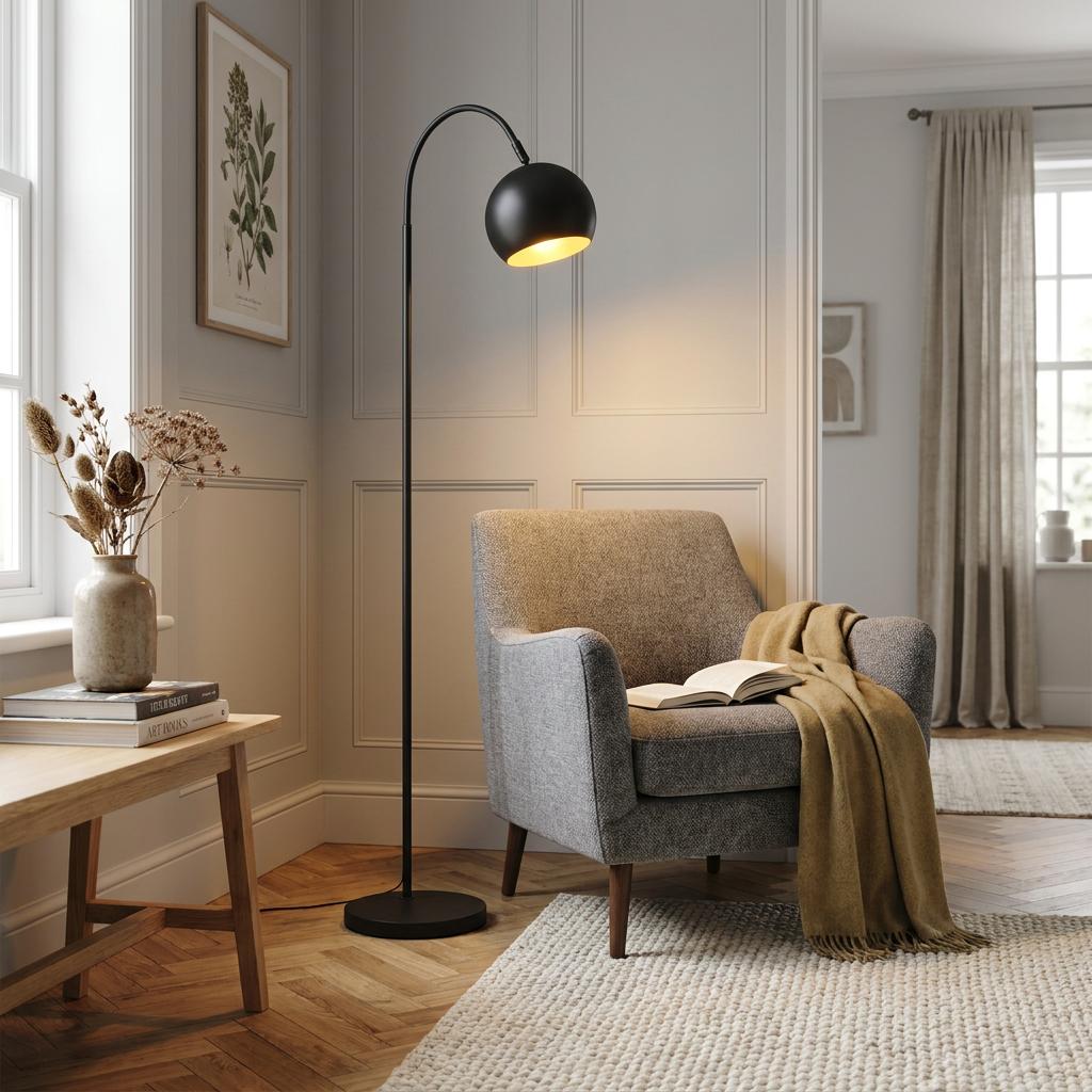 A black arched floor lamp illuminates a gray armchair in a cozy, modern living room setting.