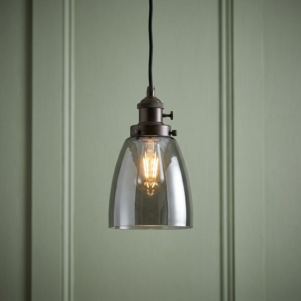 Bronze pendant light with a smoked glass shade and glowing bulb against a sage green paneled wall.