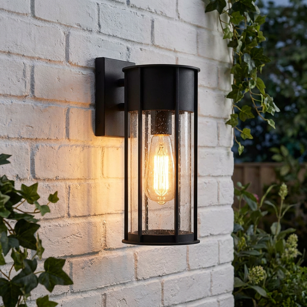 Camillo black outdoor wall lantern with seeded glass and lit filament bulb mounted on a white brick wall.