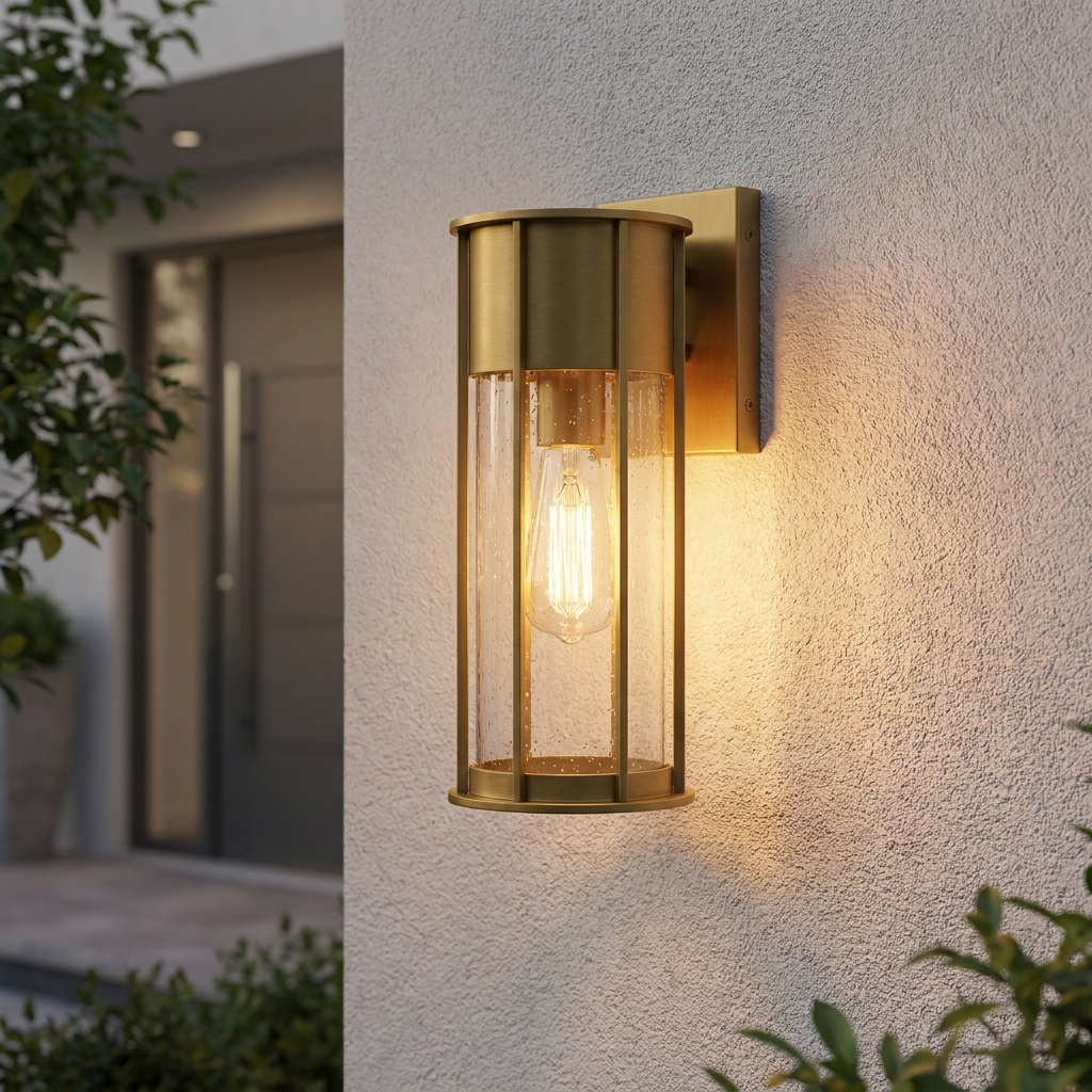 Brass outdoor wall lantern with a cylindrical seeded glass shade glowing on a textured white exterior wall.