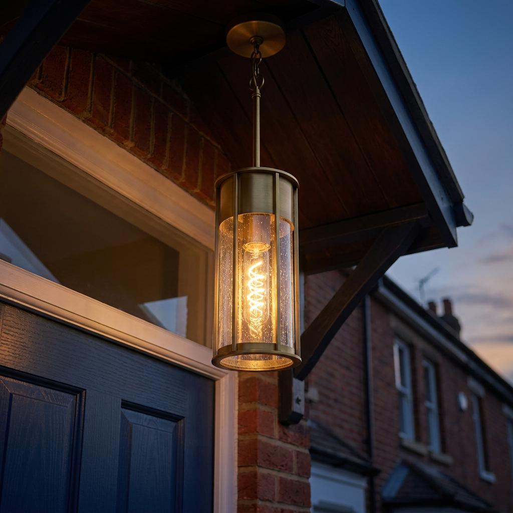 A brass outdoor pendant light with seeded glass and a spiral bulb illuminates a porch at dusk.