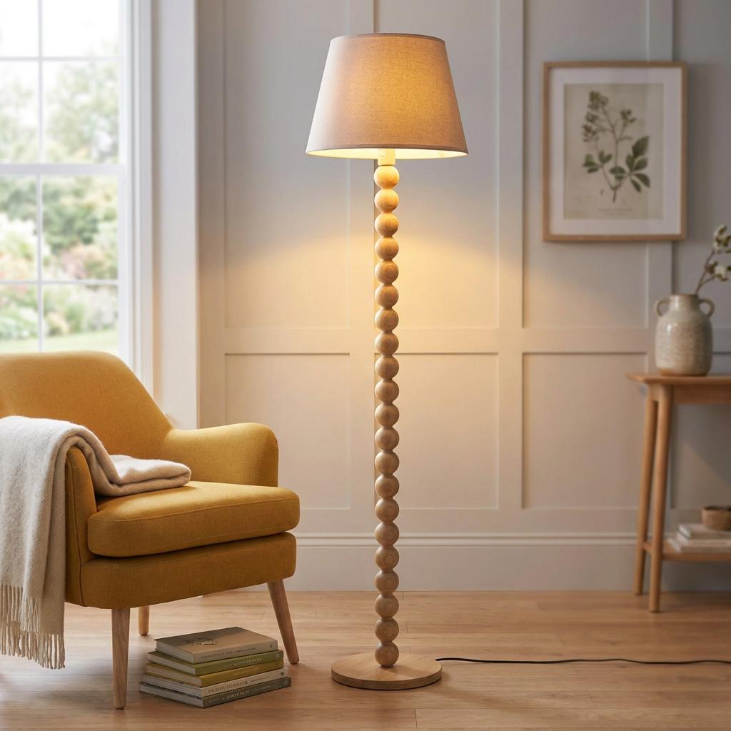A beaded wood floor lamp with a cream shade stands beside a yellow armchair in a cozy, sunlit living room.