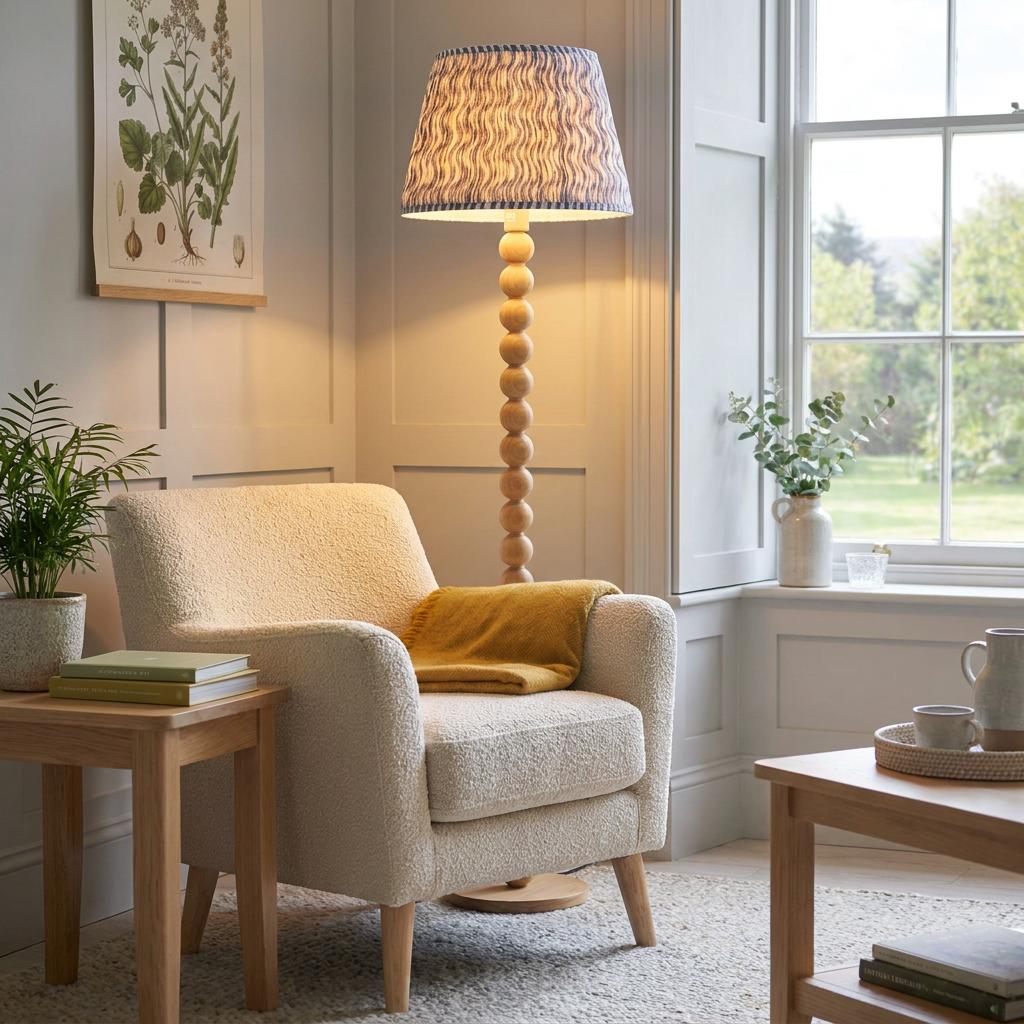 Cane bamboo floor lamp with a rippled pearl grey shade illuminating a cozy reading nook with a cream armchair.