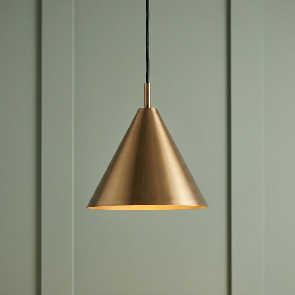Conical brass pendant light with a warm glow hanging against a sage green paneled wall.