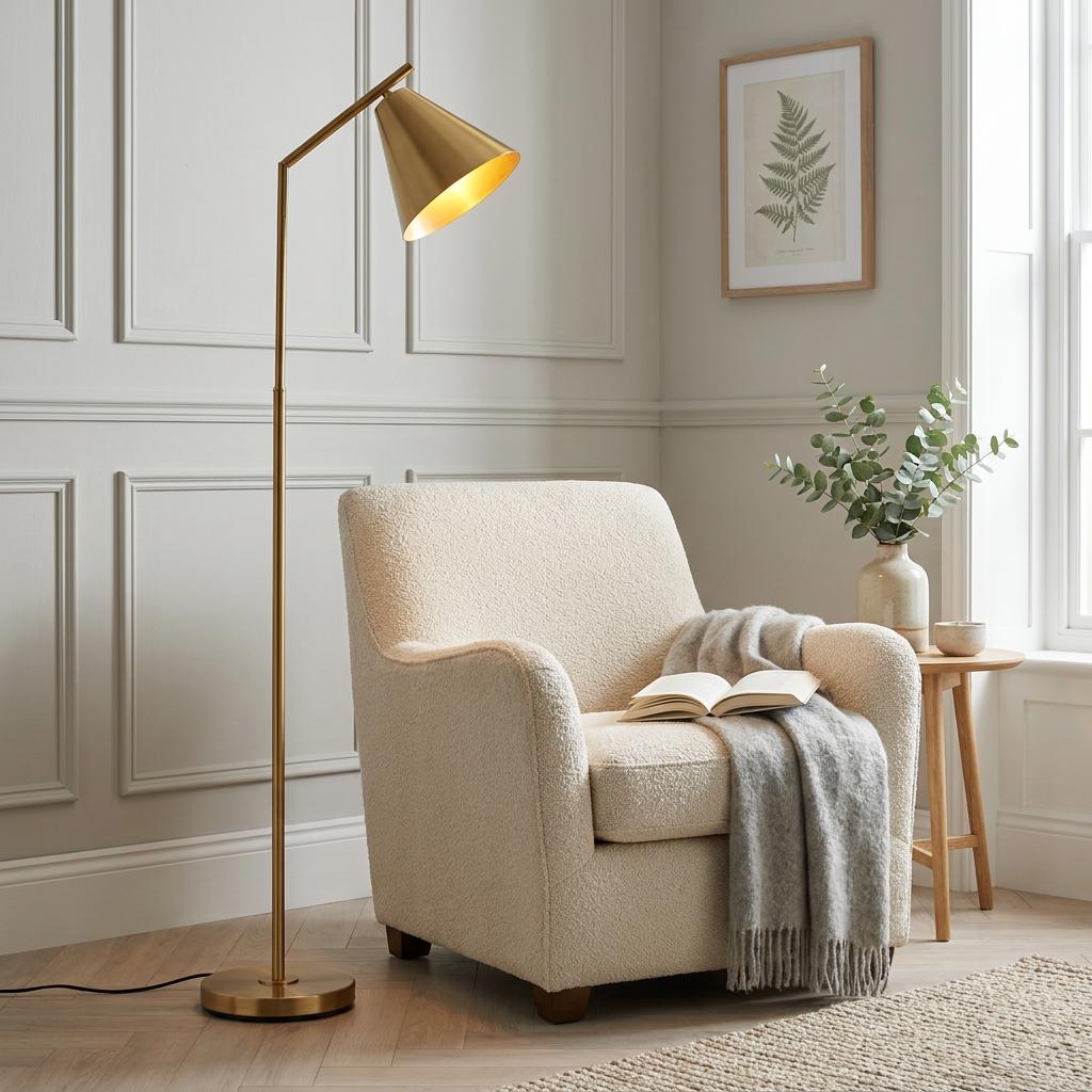 A Cape Brass Task Floor Lamp stands beside a cozy cream armchair with a book and throw blanket.