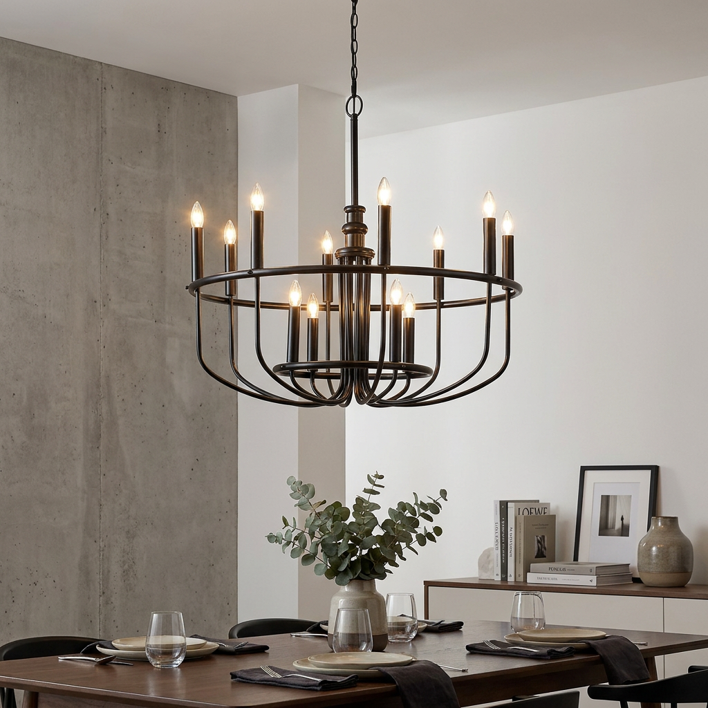 Capitol Hill 12-light black chandelier with candle-style bulbs hanging above a modern dining table.