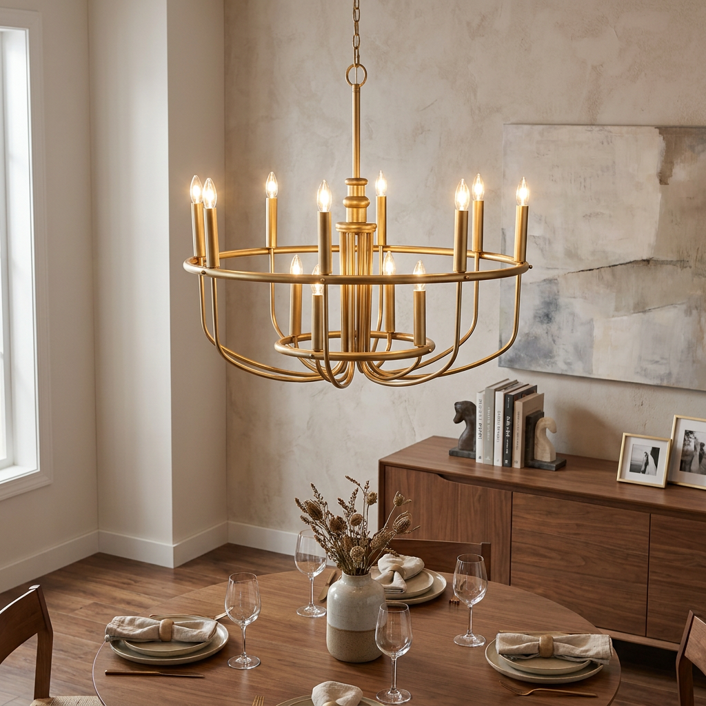 Capitol Hill 12-light brass chandelier hanging above a minimalist wooden dining table in a warm, modern room.