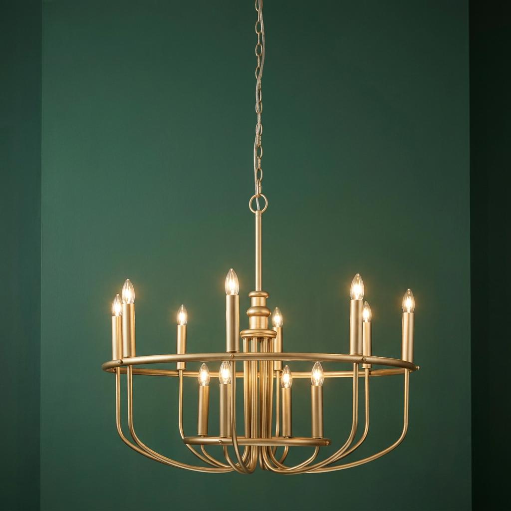 A 12-light brass chandelier with candle-style bulbs illuminated against a dark green wall.