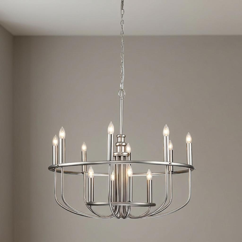 Modern 12-light brushed nickel chandelier with elegant curved arms and candle-style bulbs in a neutral setting.