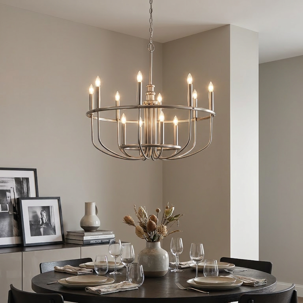 Capitol Hill 12-light brushed nickel chandelier hanging over a modern dining room table with place settings.