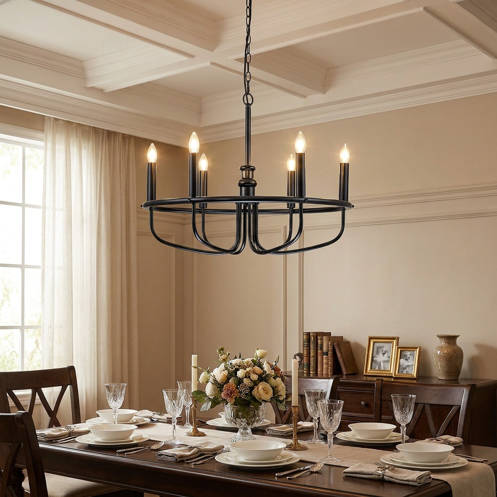 Capitol Hill six-light black chandelier with glowing bulbs hanging above an elegantly set dining table.