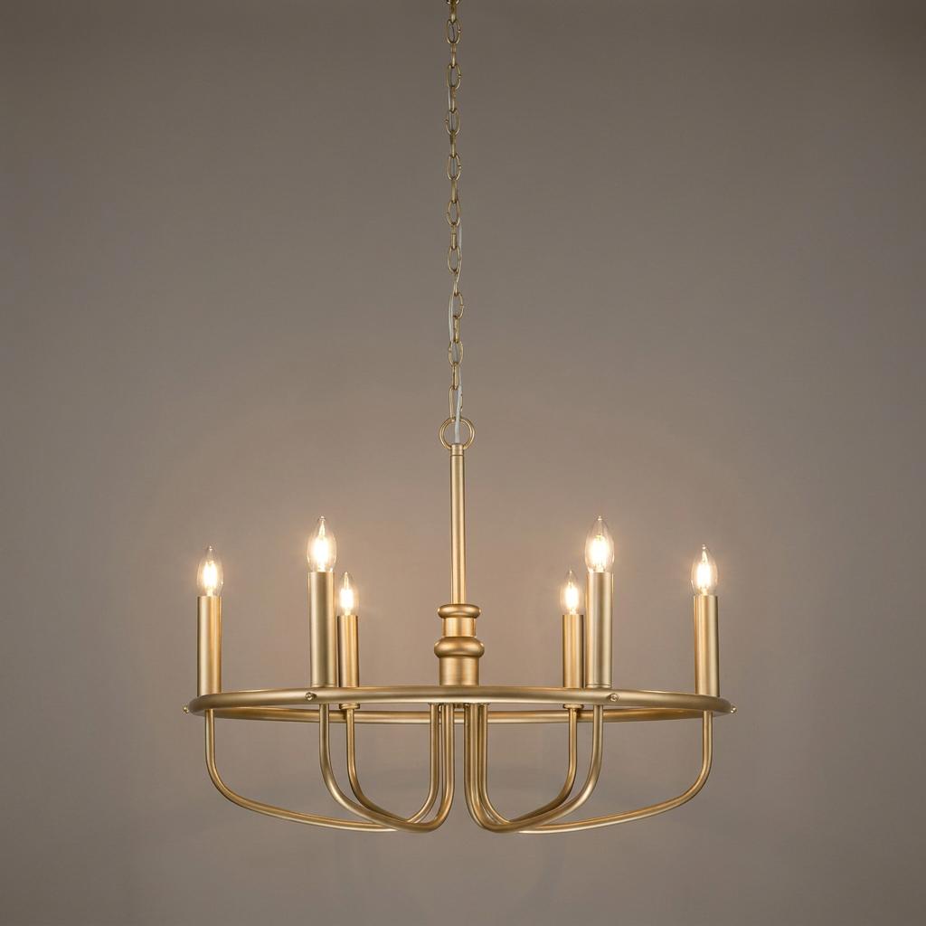 Capitol Hill 6-light brass chandelier with candle-style bulbs and a round frame against a plain background.