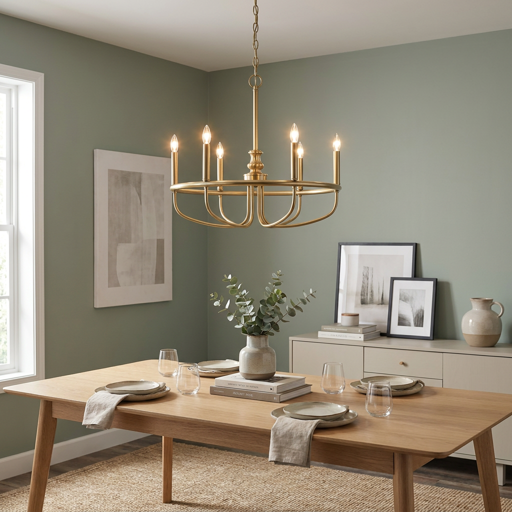 Capitol Hill 6-light brass chandelier hanging over a wooden dining table in a minimalist sage green room.
