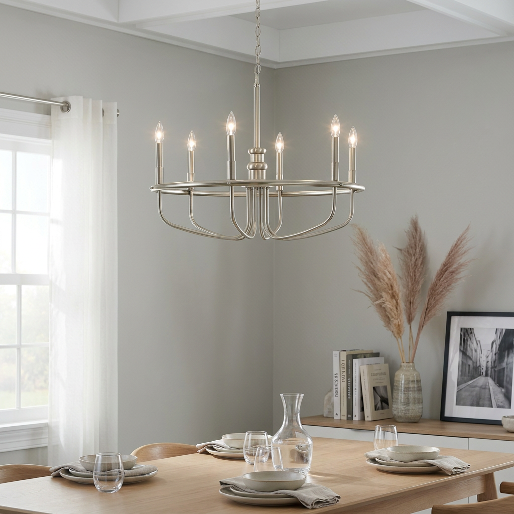 Capitol Hill 6 Light Brushed Nickel Chandelier hanging above a wooden dining table in a modern, neutral dining room.