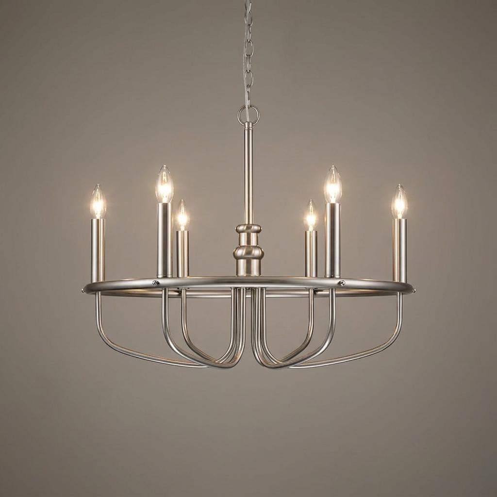Capitol Hill 6 light brushed nickel chandelier with candle-style bulbs and a circular wagon wheel design.