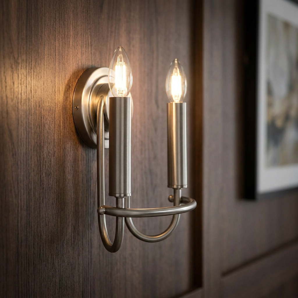 Lit brushed nickel double wall light with candle bulbs on a dark wood-paneled wall.