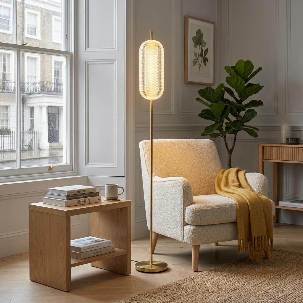 A satin brass floor lamp with a glowing capsule-shaped glass shade stands beside a cozy white armchair in a living room.