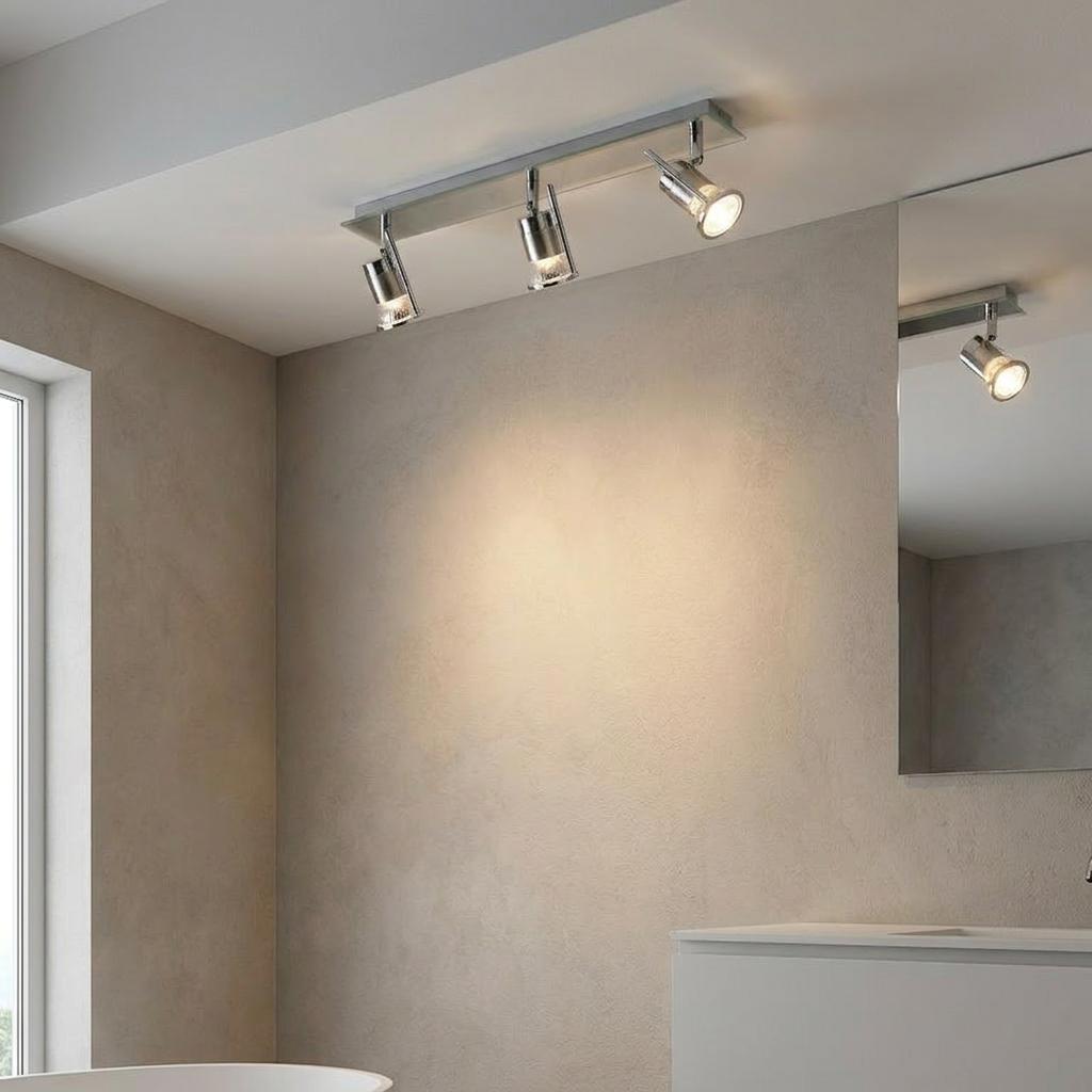 A Cara chrome finish 3 light bathroom ceiling spotlight bar mounted on a beige ceiling in a modern bathroom.