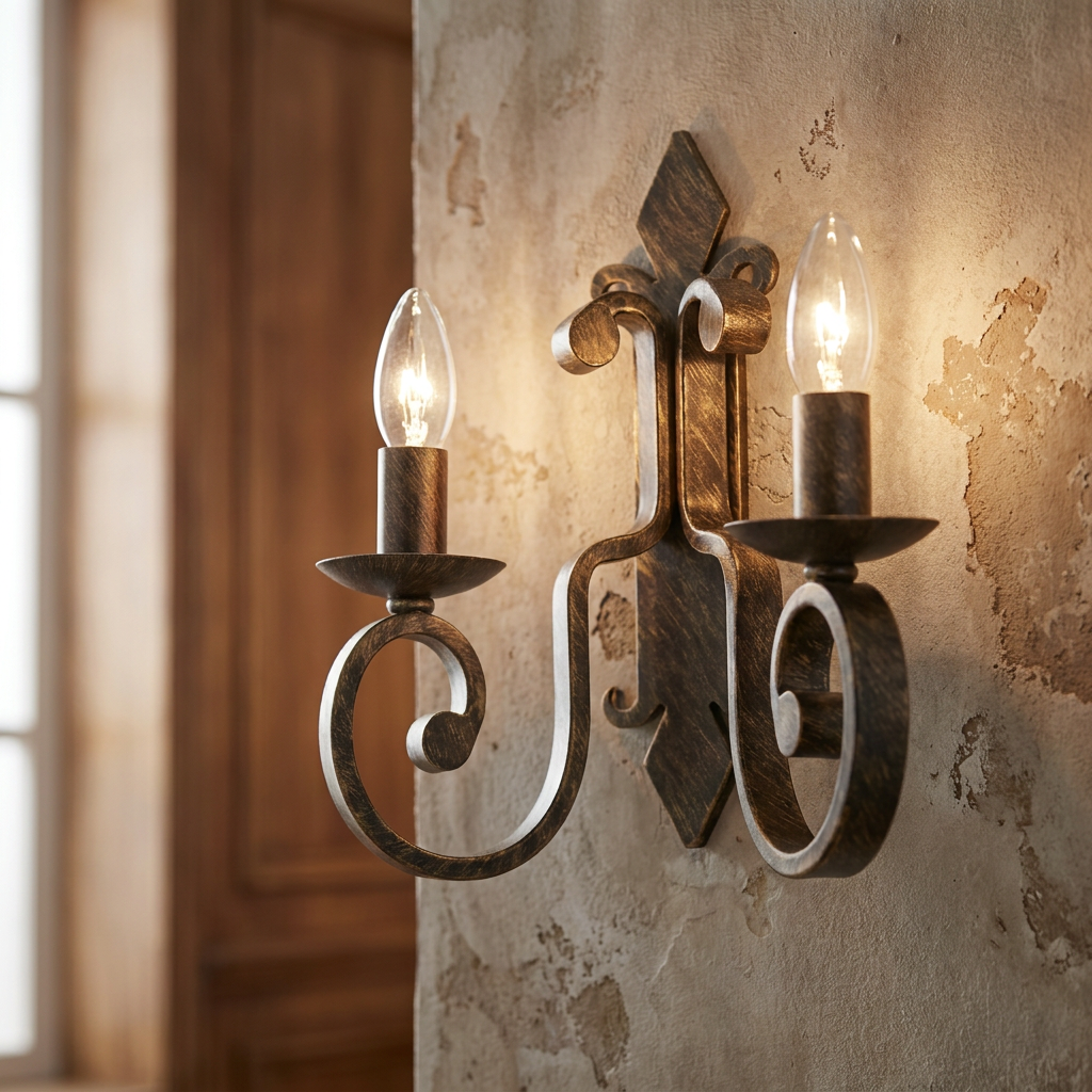 Carlisle 2 Light Black Brushed Gold Wall Light with scroll design mounted on a textured wall.
