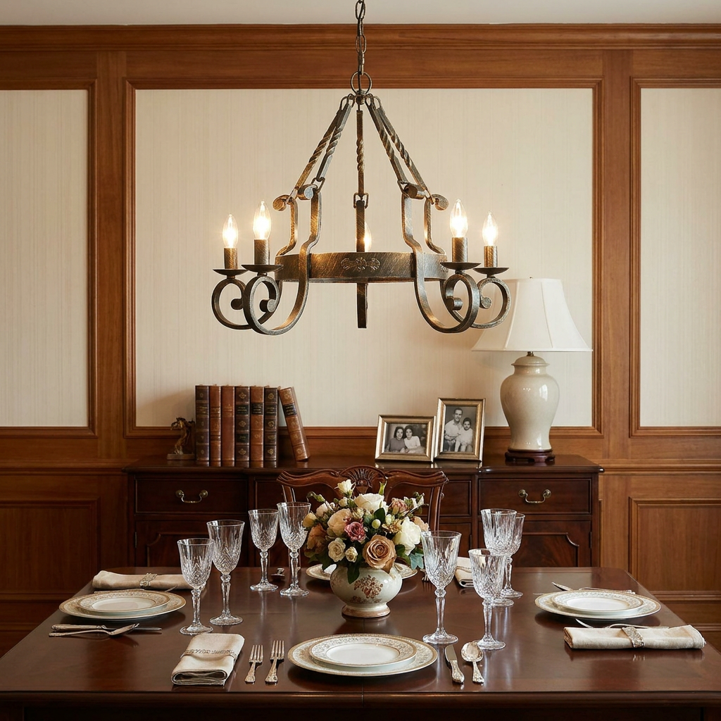 Carlisle 5-light black and gold chandelier hanging over a formal dining table in a wood-paneled room.